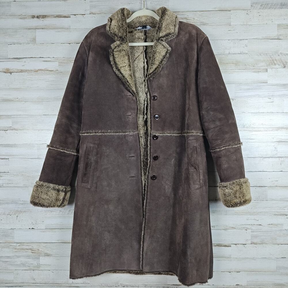 Vintage Y2K EXPRESS Penny Lane Coat Brown Suede Leather Faux Sherpa Lined Size M